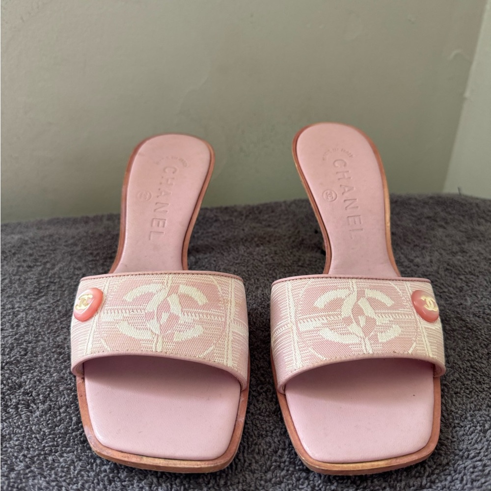CHANEL Pink Logo Fabric Slide Mules